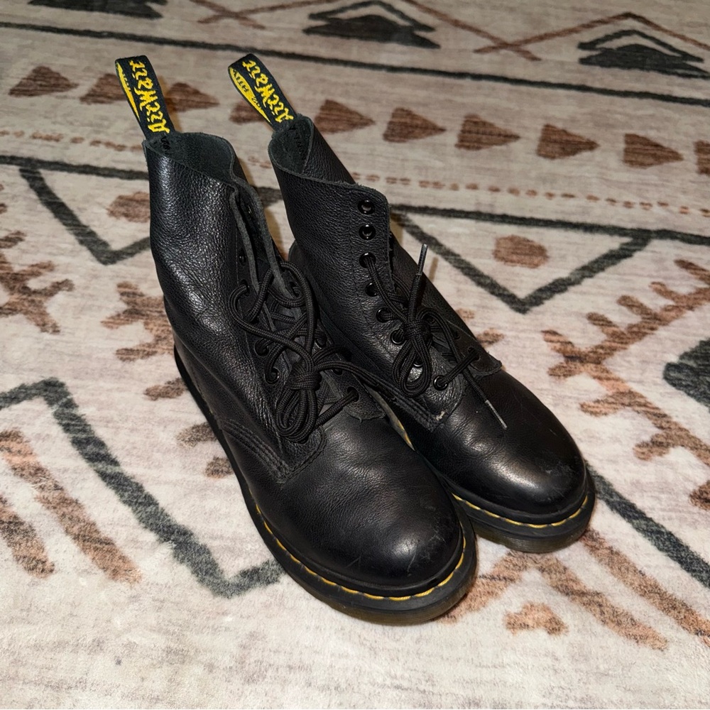 Dr. Martens Black Leather Boots with Yellow Stitching